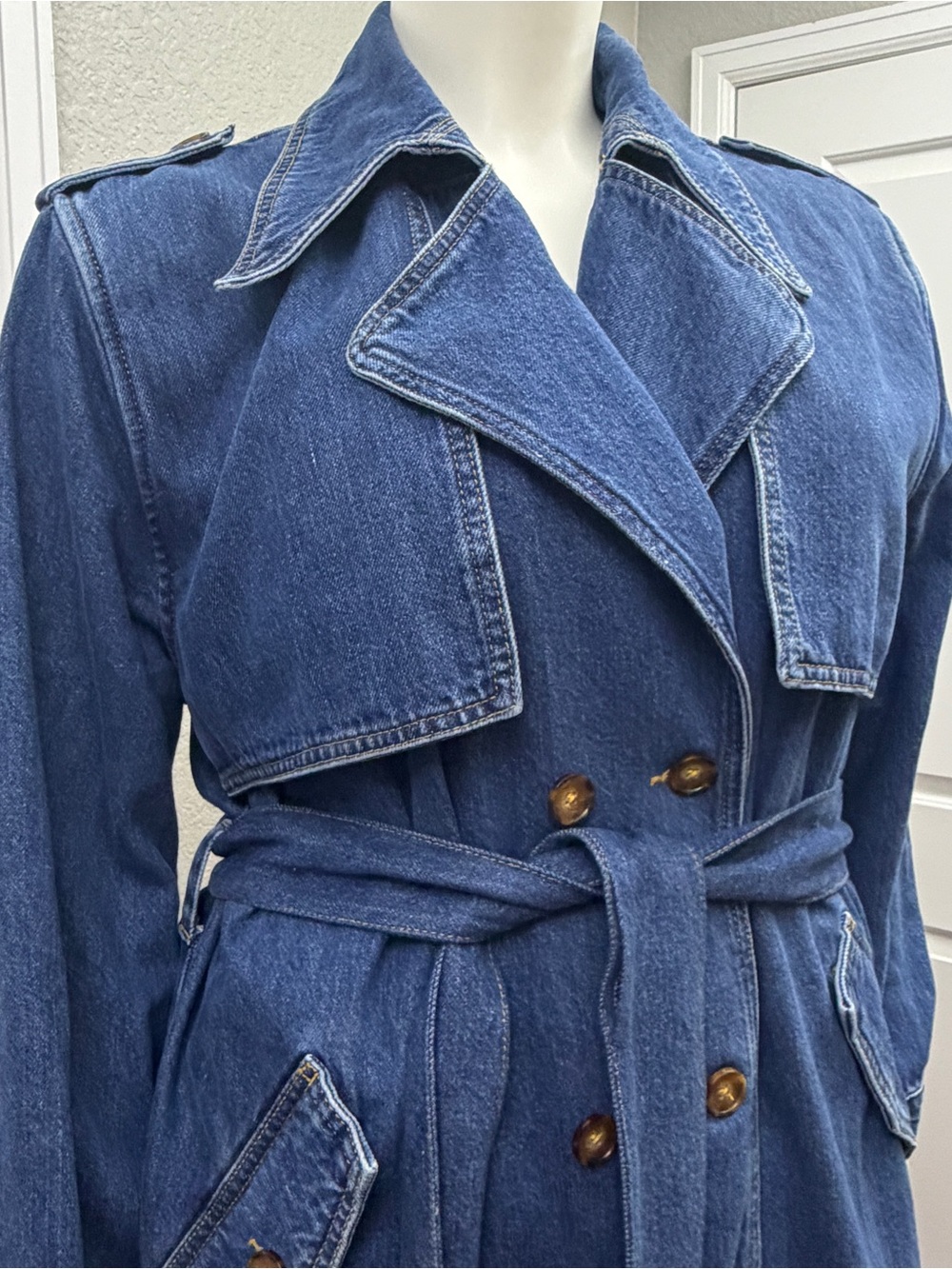 Aligne Blue Denim Trench Coat with Belt - Size 14US/18UK